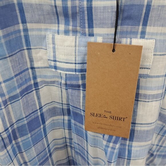 NWT The Sleep Shirt Short Blue Check 100% Linen Canada Plus Size One Size - Picture 13 of 14